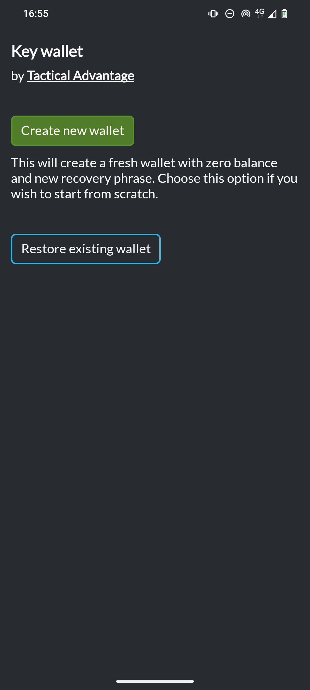 eWallet welcome screen with options to create or restore a wallet