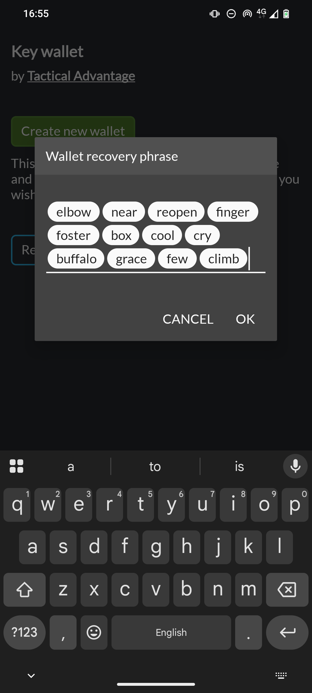eWallet dialog for entering a 12-word recovery phrase