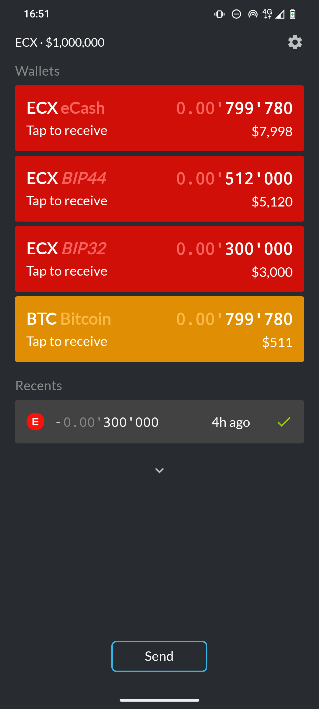 eWallet showing three ECX wallet types and one BTC wallet
