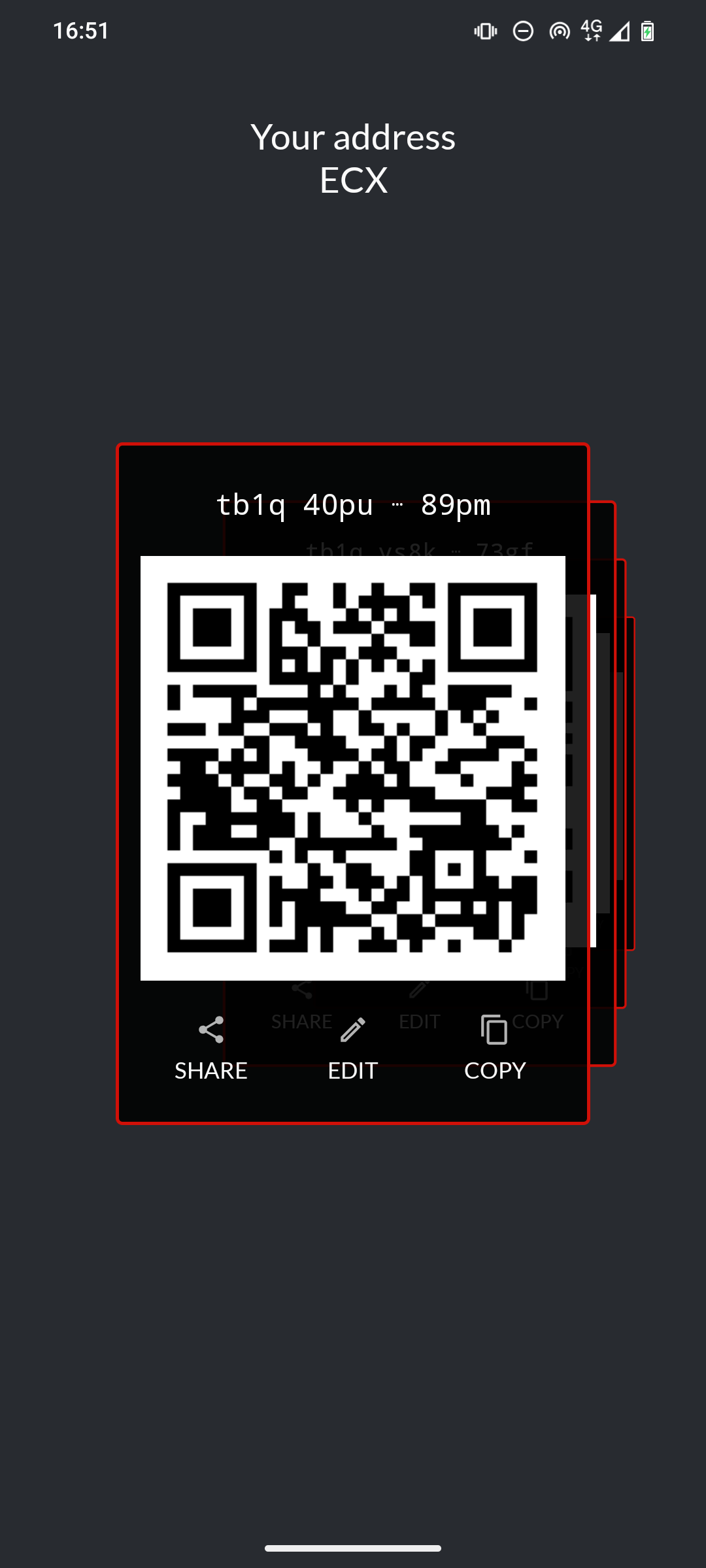 eWallet showing four ECX BIP84 receiving addresses