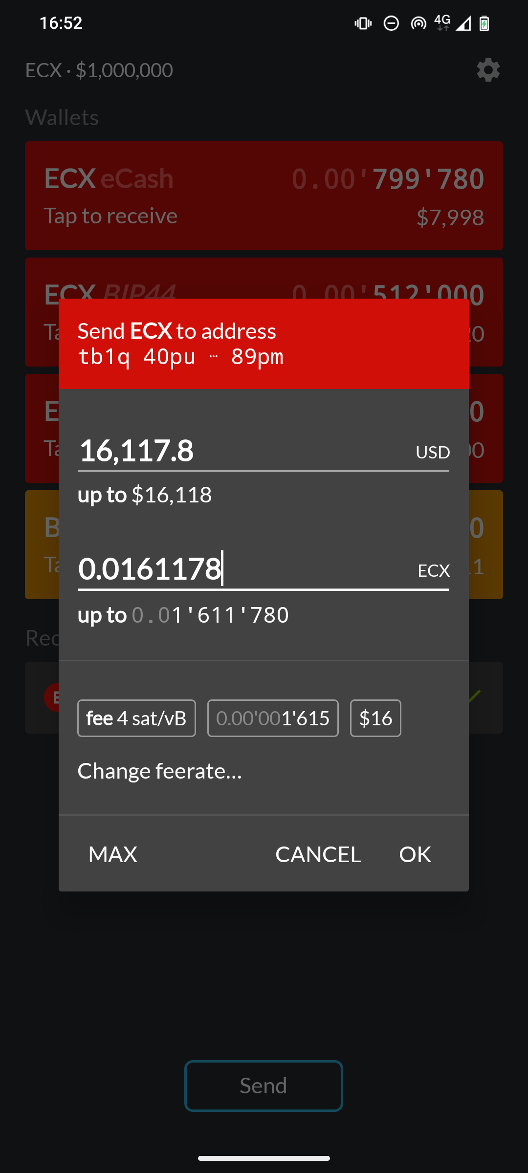 eWallet send dialog with the maximum ECX amount selected
