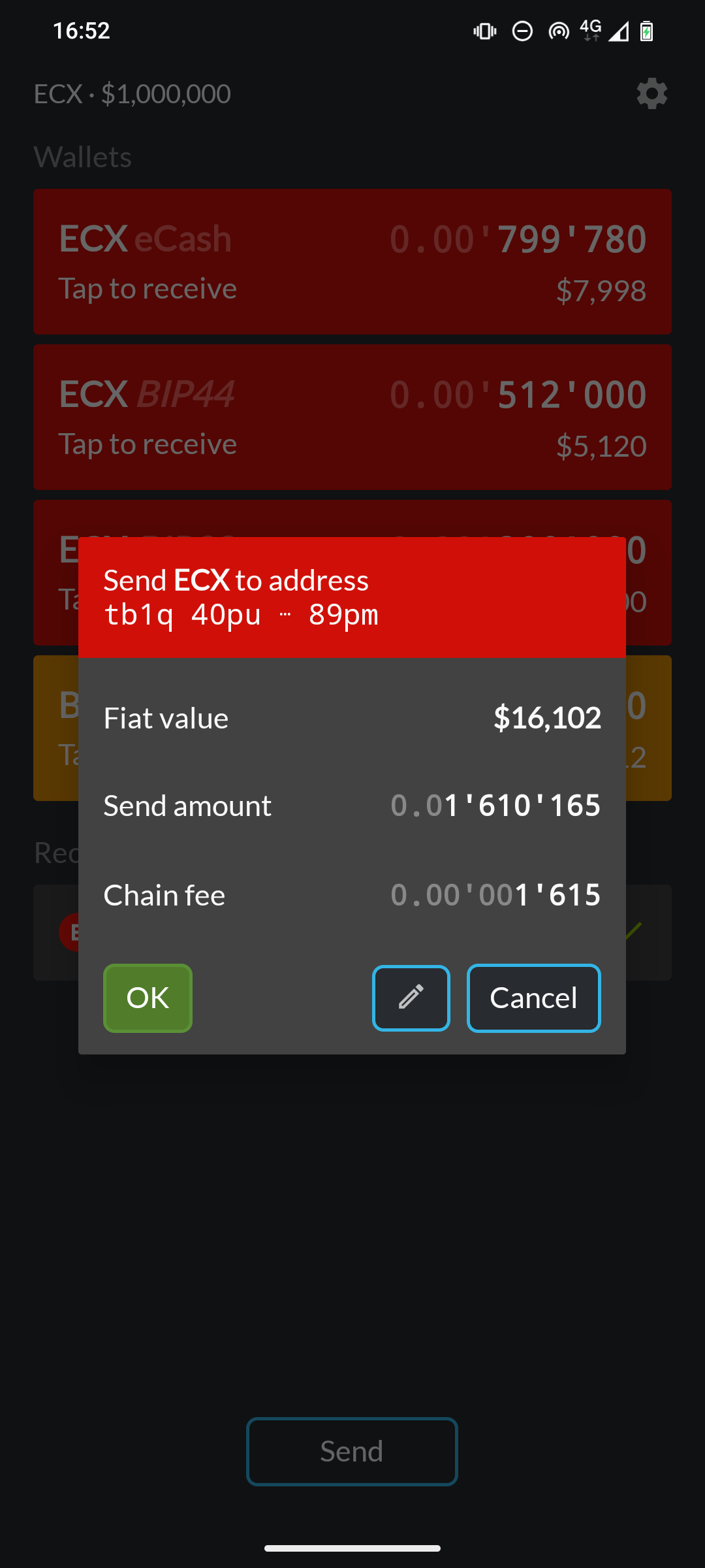 eWallet confirmation dialog showing the ECX amount and chain fee