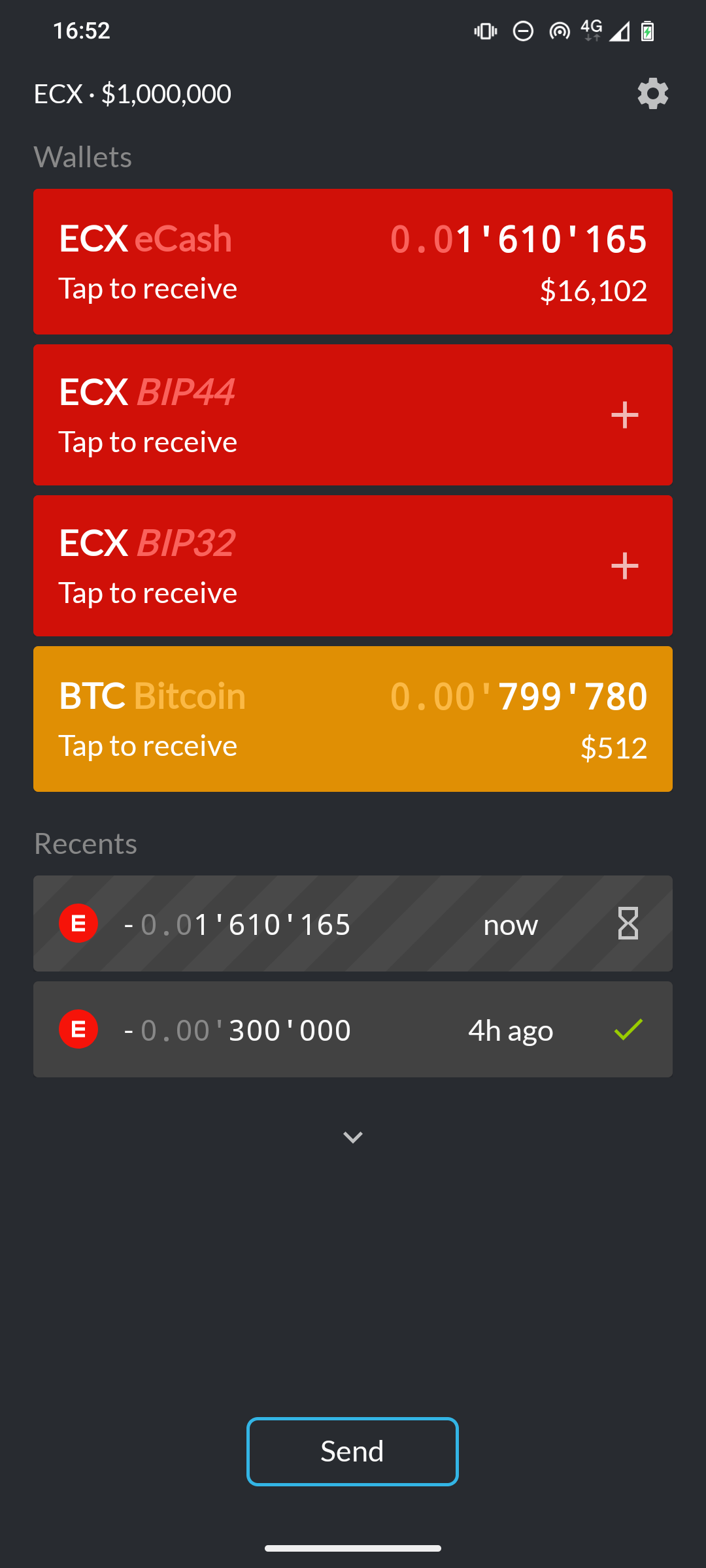 eWallet showing ECX consolidated in the default wallet with a pending transaction