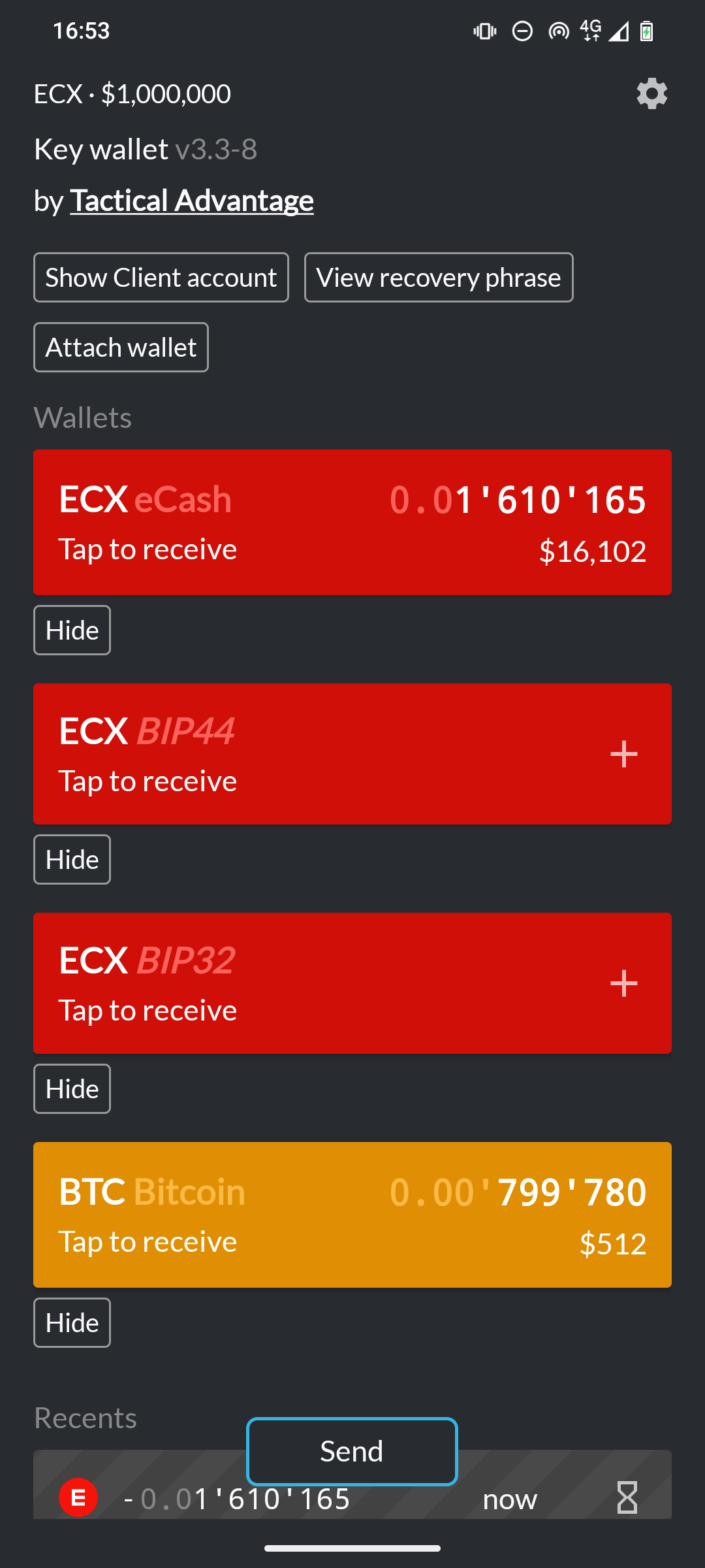 eWallet settings view with Hide buttons below the wallet cards