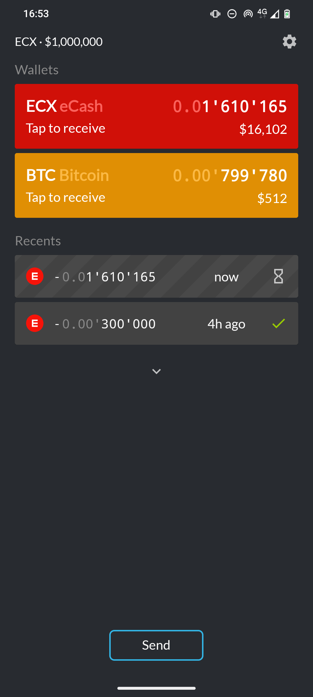 eWallet showing only the default ECX and BTC wallet cards